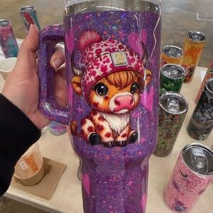 SOLD Message me to Custom Order! Purple Glitter Cow Art Tumbler Handmade 40 oz